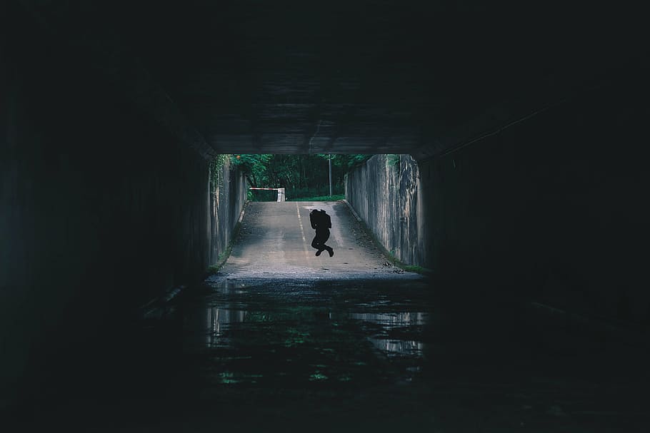 person, jumping, tunnel, road, dark, path, people, jump, water, silhouette