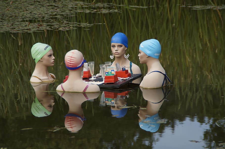 swimmers, women, talk, gambling, group, swim, swim cap, four, compared to, mirroring