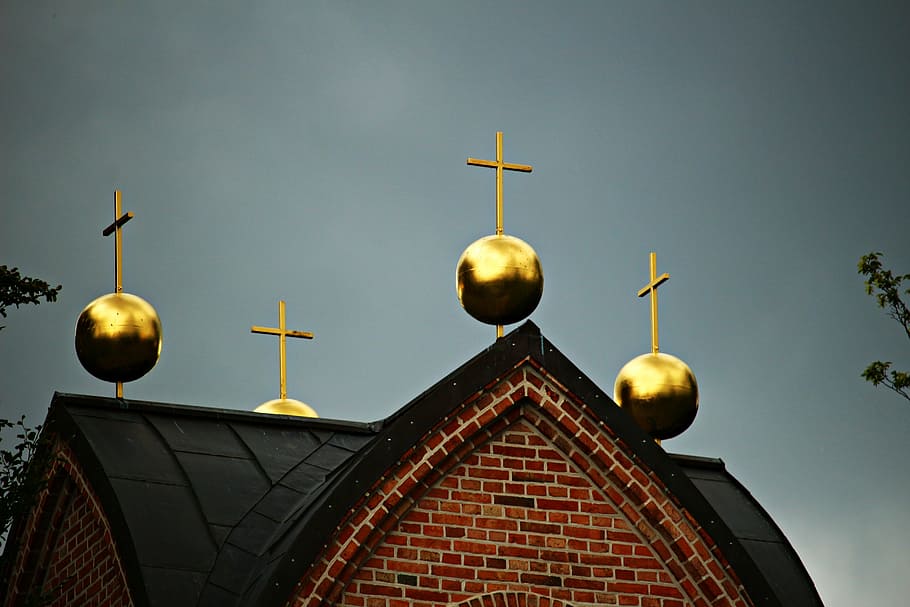 bell tower, ball, gold, cross, roof, tower roof, historically, golden, places of interest, ludwigslust-parchim