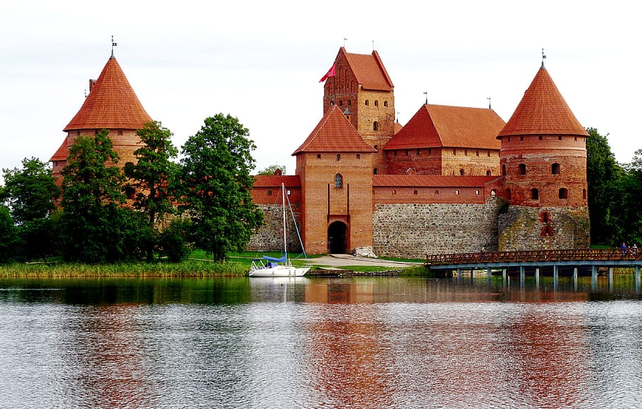 orange, brick structure, body, water, trakai castle, wasserburg, late middle ages, lithuania, trakai, places of interest