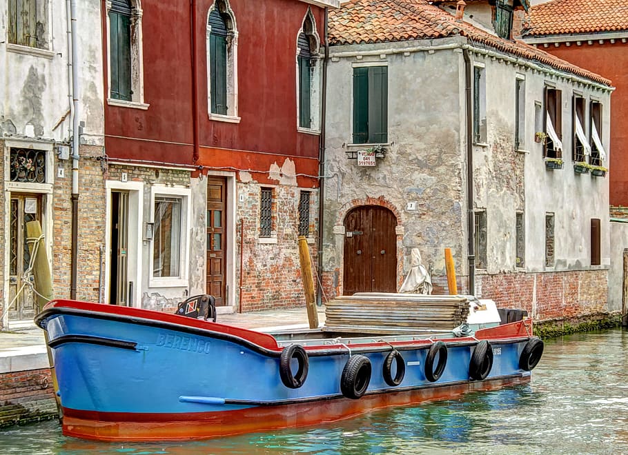 blue, red, boat, dock, Barge, Murano, Italy, Canal, Historical, pier