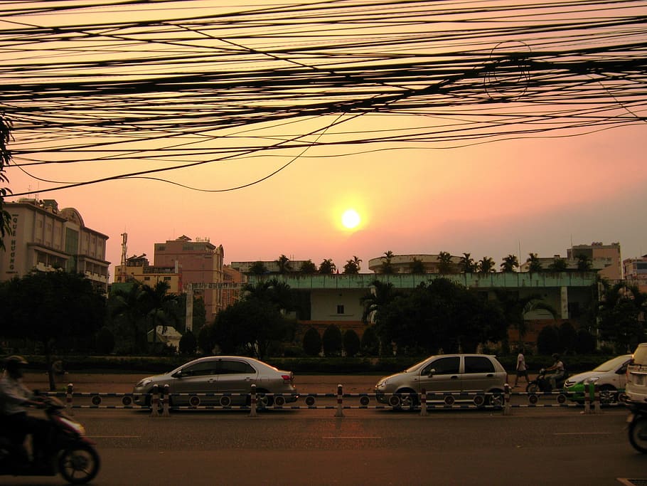 City, Viet Nam, Cityscape, urban, composition, cables, sunset, rosa, sky, evening sky