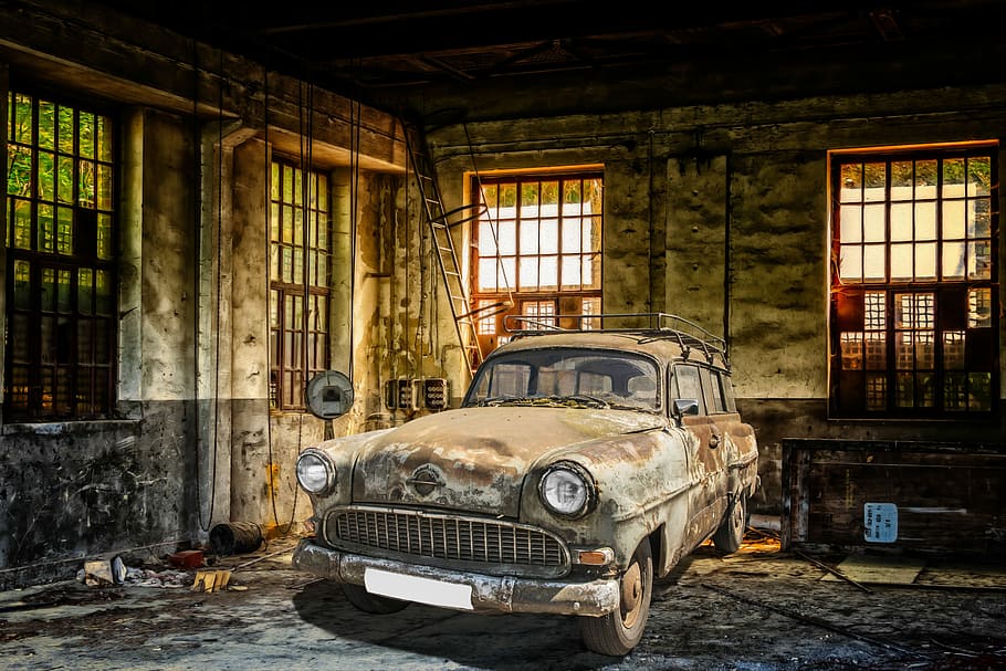 vintage, car, garage, old car, opel olympia, caravan, oldtimer, photo montage, abandoned, architecture
