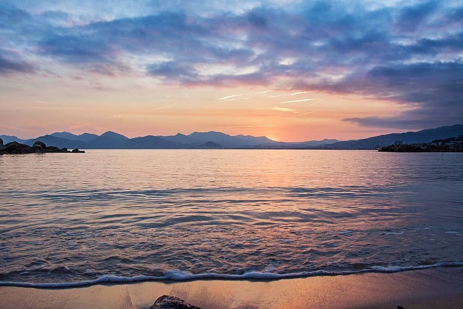 cannes, beach, sunset, sea, sky, water, cloud - sky, beauty in nature, tranquility, land