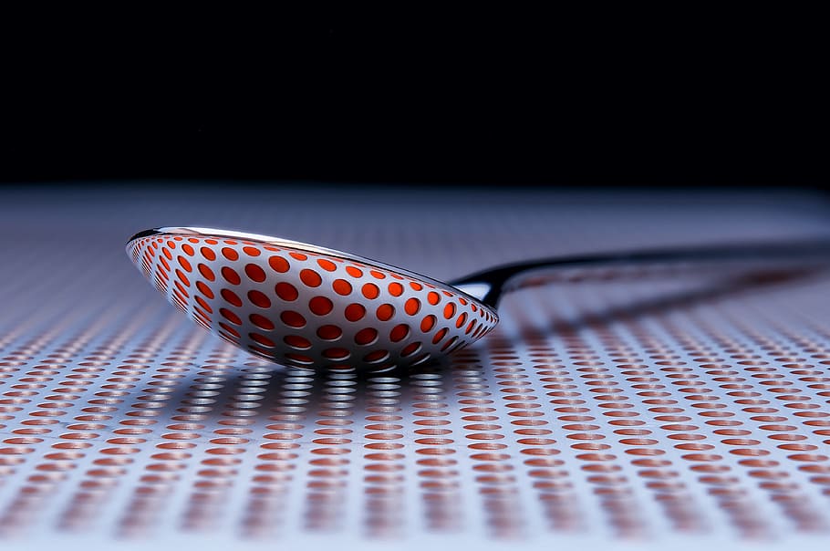 close, stainless, steel spoon, white, red, dotted, surface, close up, stainless steel, spoon
