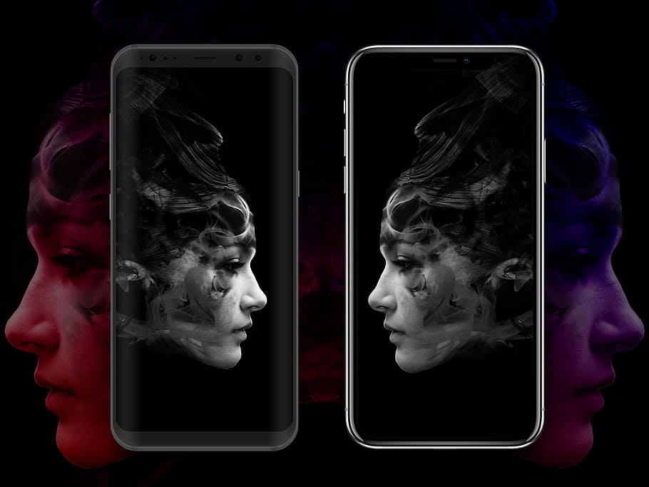 iphone x, samsung galaxy s8, technology, modern, ios, cellular, background, galaxy s8, studio shot, black background