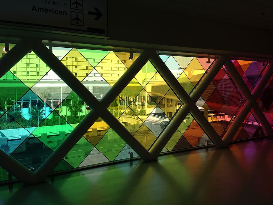 Miami, Aeroporto, Janela, Colorido, arte, vidro, desenhar, forma de triângulo, iluminado, reflexão