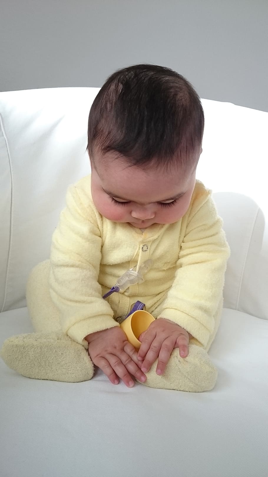 baby, sitting, white, sofa chair, the strenght is to be found in serenity, infant, children, small child, 5 months, girl