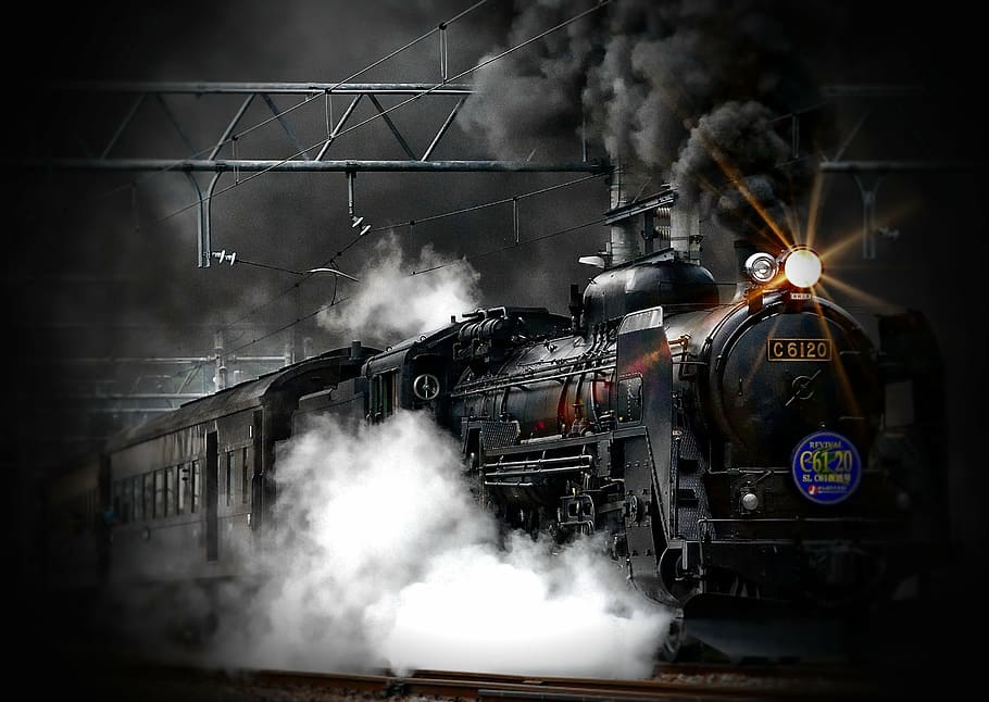 hitam, putih, asap, kedatangan, kereta api, kereta uap, lokomotif, kuno, tua, transportasi