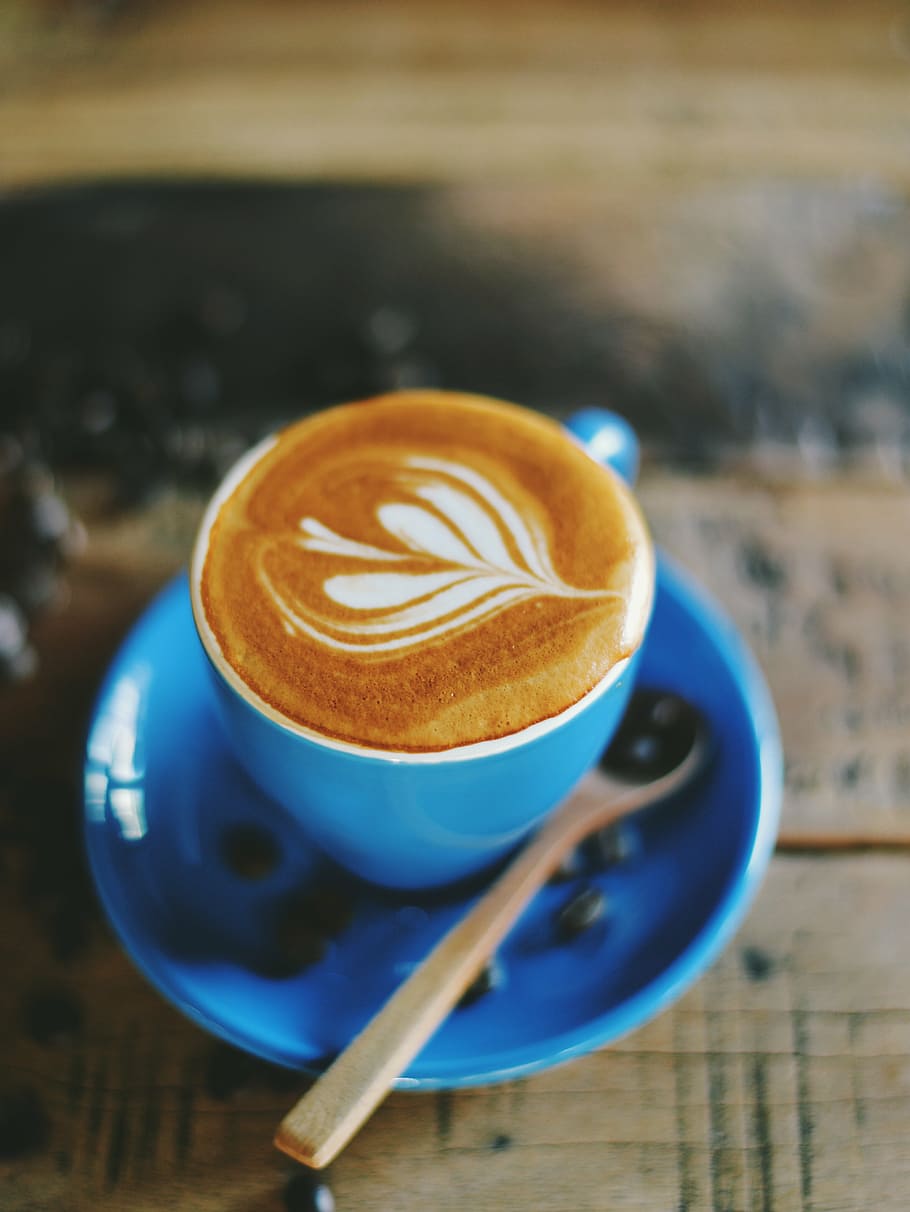 latte, arte da espuma, azul, caneca, cappuccino, espuma, café, café expresso, bebida, cozido no vapor