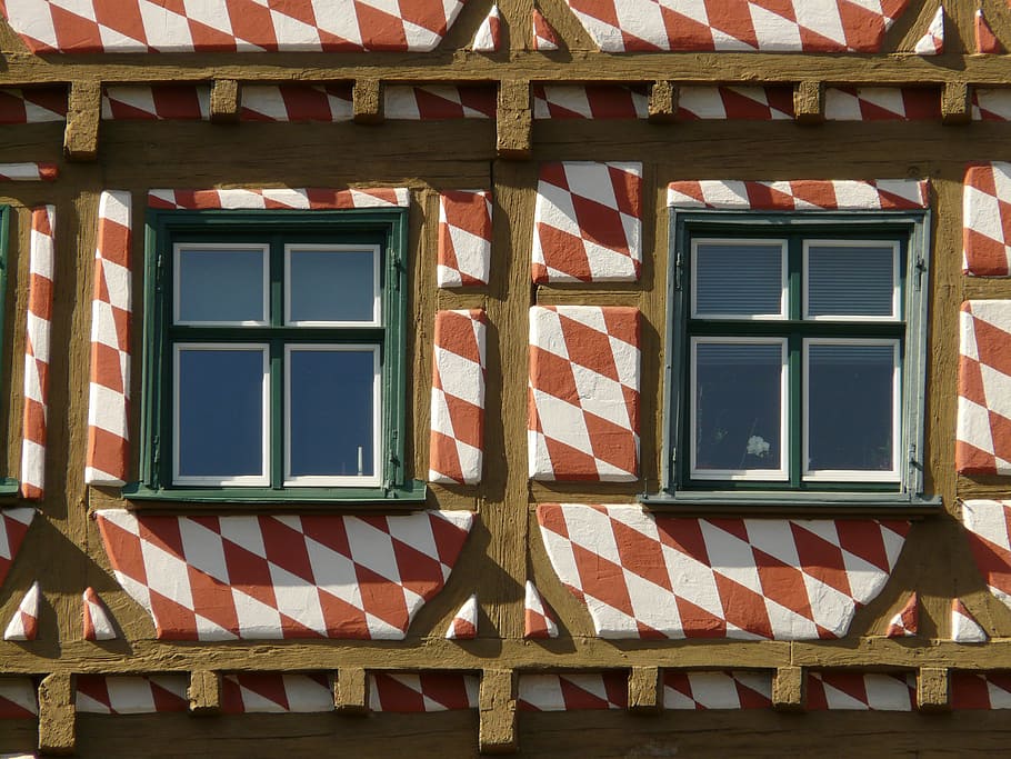 truss, fachwerkhaus, bar, entablature, home, facade, window, checkered, red white, red