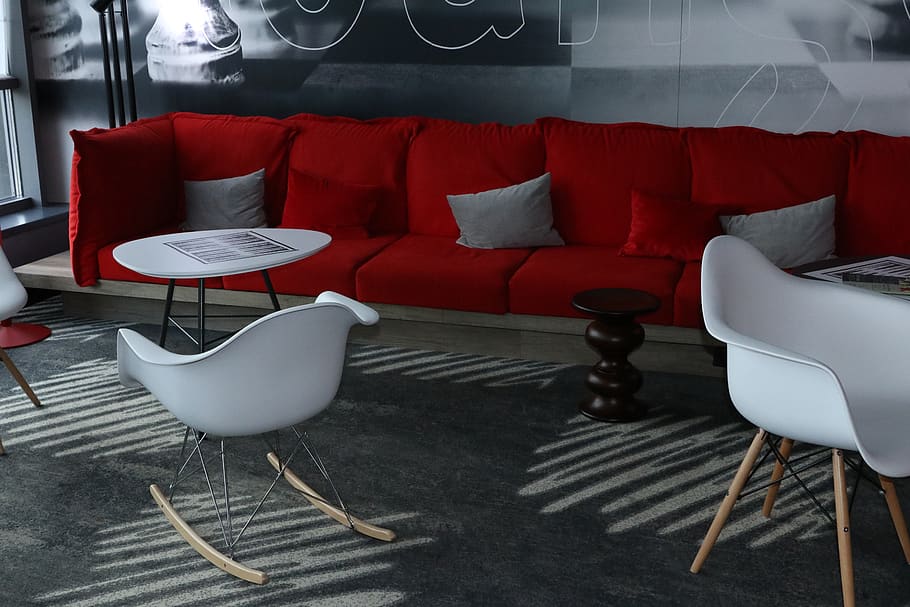design, red sofa, chair white, grey, café, restaurant, taste, chair, seat, furniture
