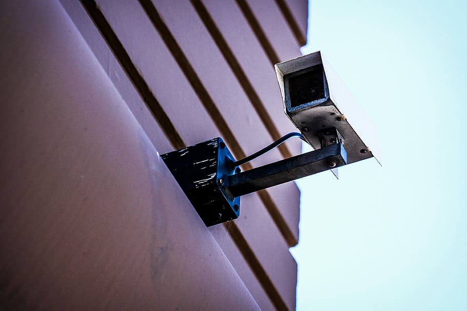 worm, eye view photography, white, mounted, brown, building, daytime, worm's eye view, photography, CCTV camera