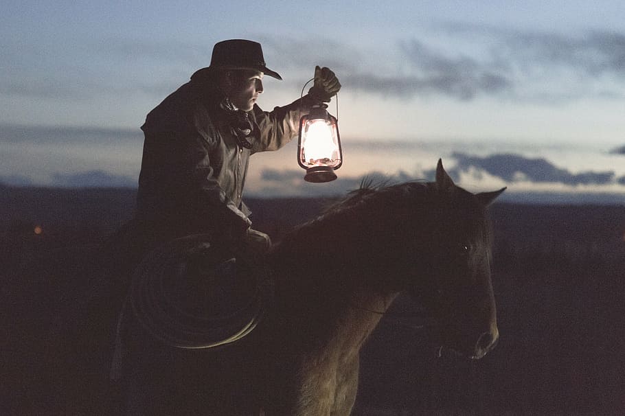 cowboy, holding, lantern, riding, horse, lamp, sunset, guy, man, male