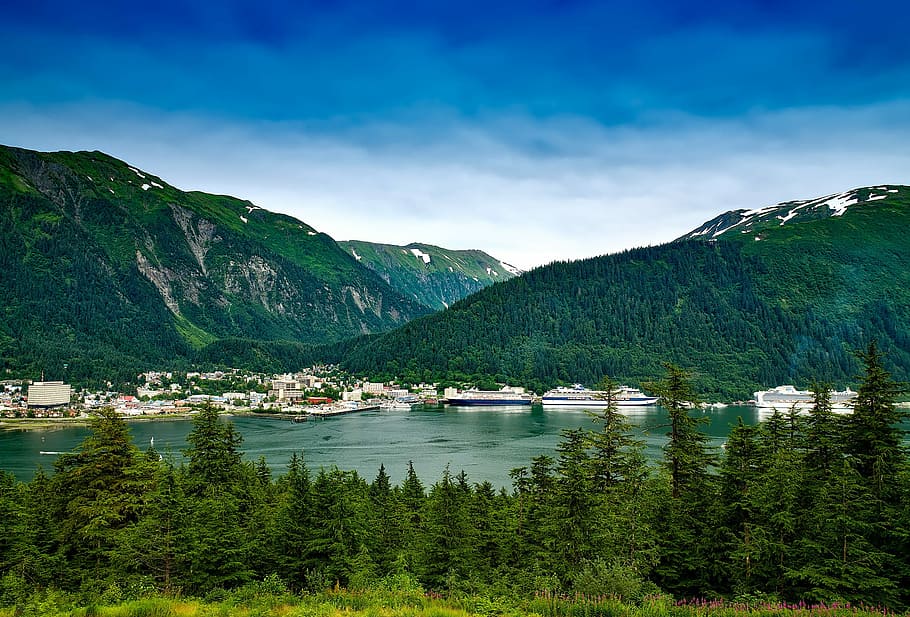 mountain landscape, town, Mountain, landscape, Juneau, Alaska, photos, Stock Photos, hills, landscapes