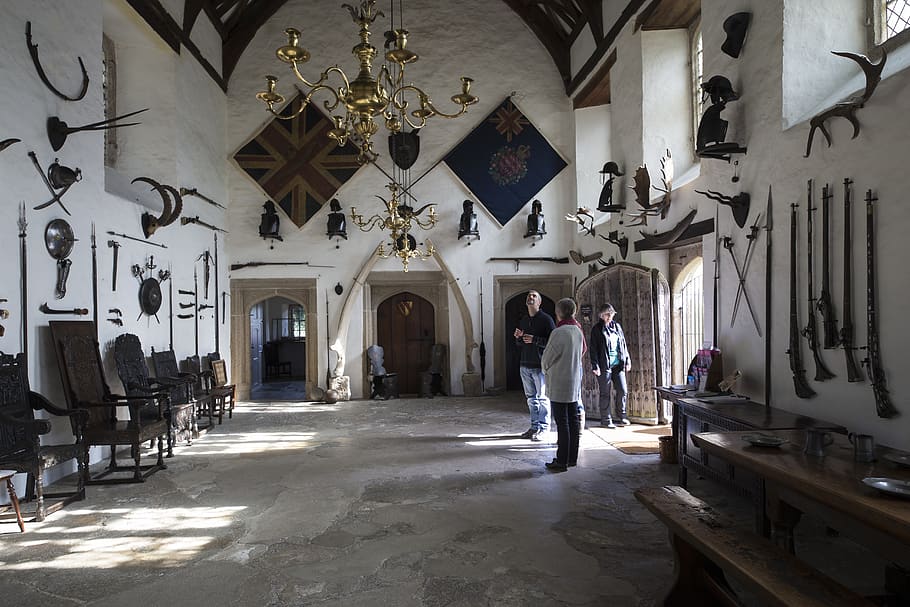 the great hall, cotehele, cornwall, armaments, flags, armour, national trust property, architecture, real people, group of people