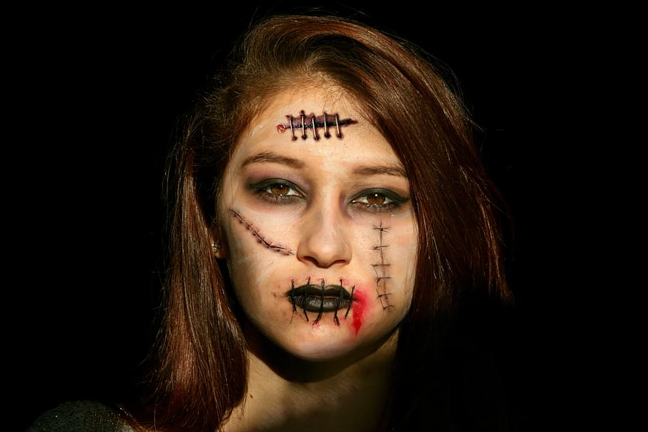woman taking selfie, halloween, horror, girl, scar, death, white, stitch, portrait, headshot
