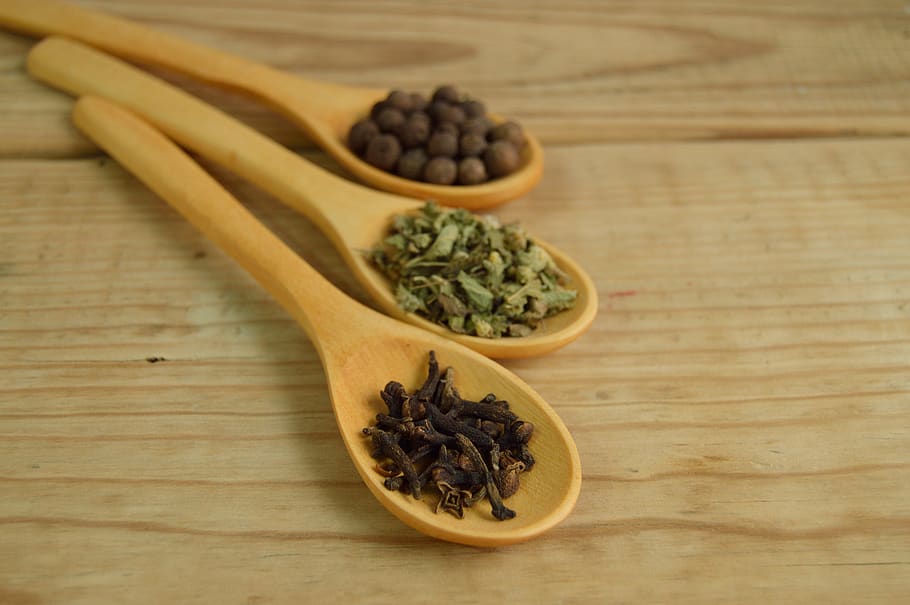 wood, spoon, condiments, utensils, ingredients, spices, table, brown, food and drink, food