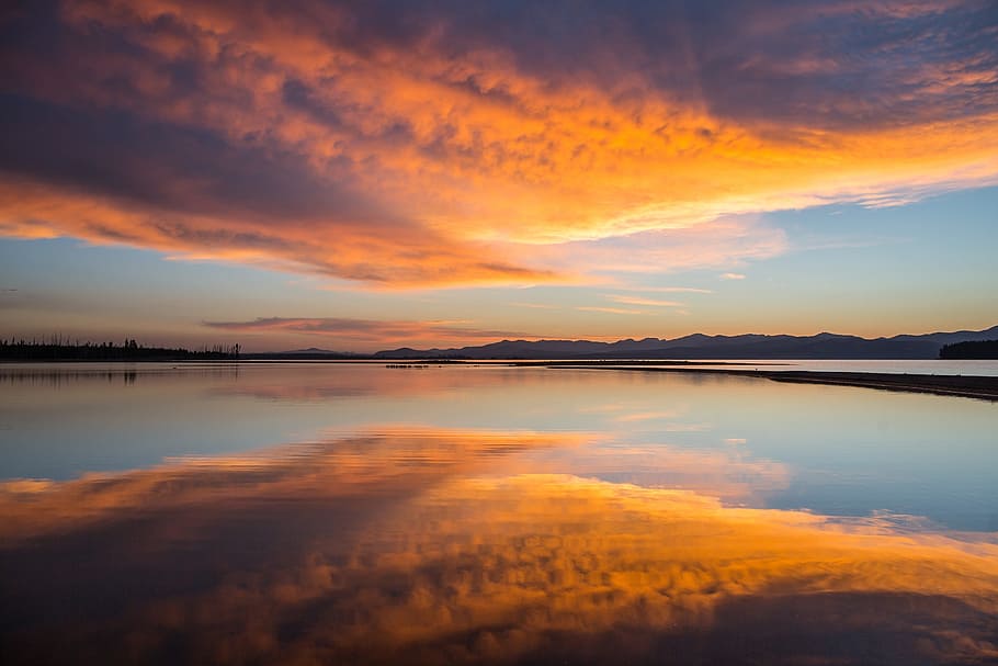 landscape photograph, body, water, golden, hour, sunrise, yellowstone lake, sky, clouds, reflection