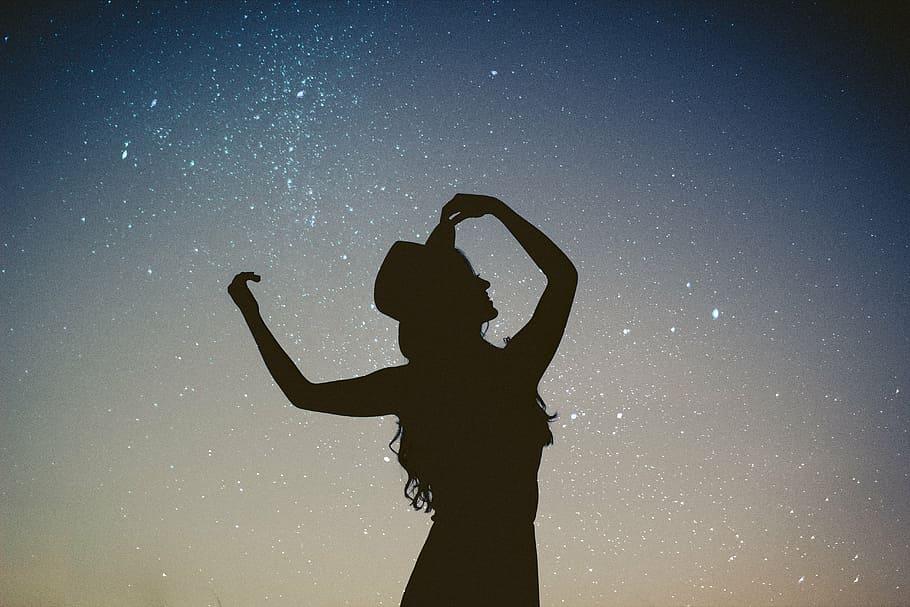 silhouette, woman, wearing, hat, starry night, art, girl, black, spark, lady