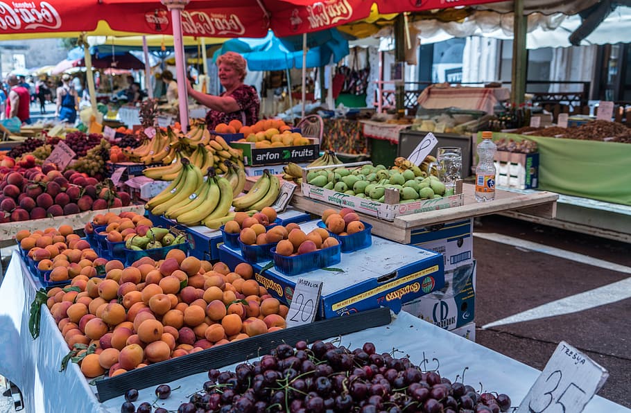 variedad, frutas, puestos de venta, fruta, mercado de agricultores, croacia, alimentos, fresco, producir, saludable