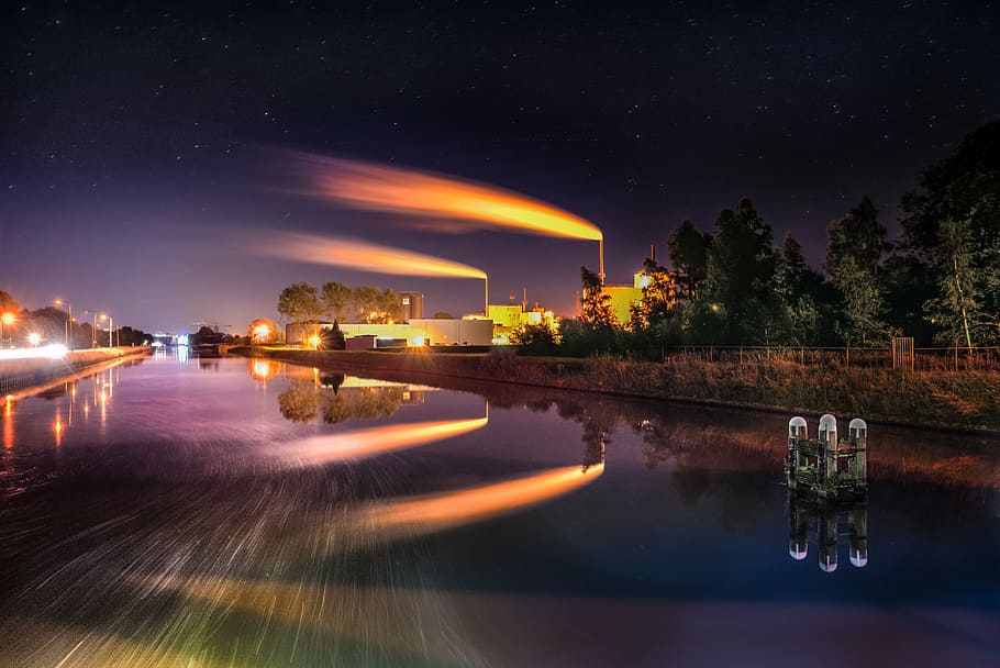 time lapse photography, body, water, light post, trees, factory, night, long exposure, industry, power