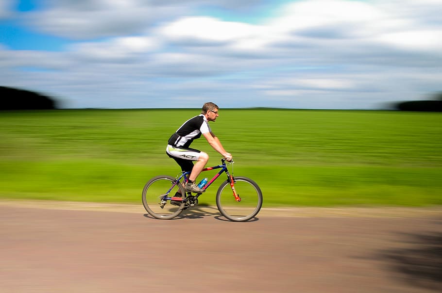 pengendara sepeda, sepeda, berkuda, jalan, olahraga, kebugaran, penuh, satu orang, gerakan, awan - langit