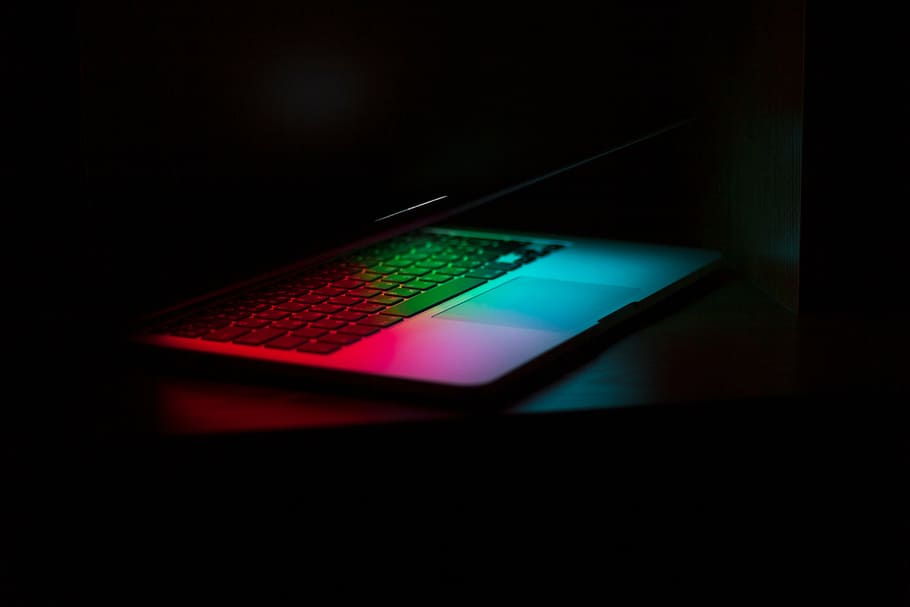 silver laptop computer, showing, pink, green, lights, laptop, apple, keyboard, technology, mac