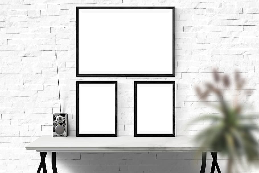 black, photo frames, white, wooden, console, table, poster, mockup, wall, template