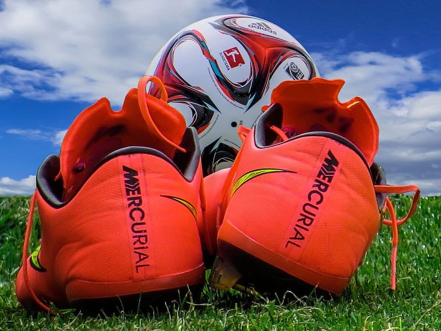 red, nike, mercurial, cleats, white, soccer ball, ground, closeup, orange, Nike Mercurial