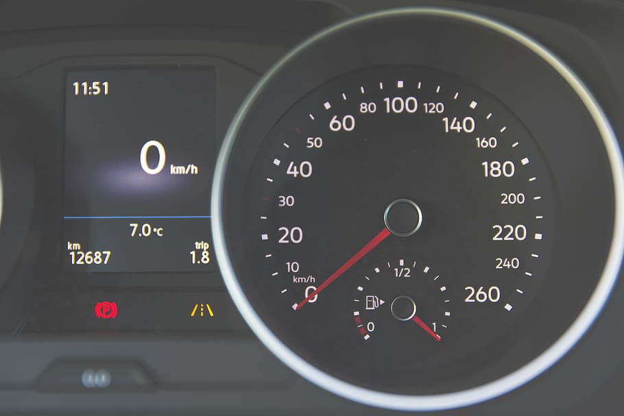 gray, black, car cluster gauge reading, golf, speed, acceleration, number, time, vehicle interior, dashboard