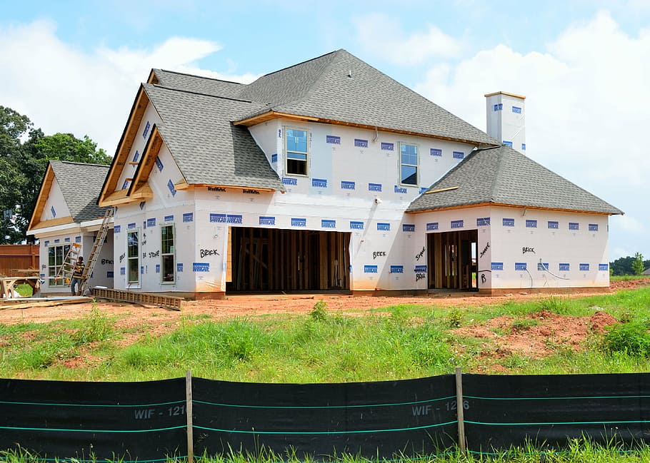 白, 青, コンクリート, 家, 新しい家, 建設, 構築, 建築, 産業, 木材
