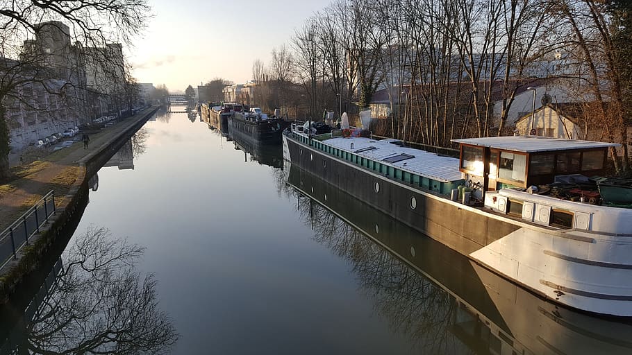 channel, barge, boat, water, river, canal, sunset, reflexion, france, nancy