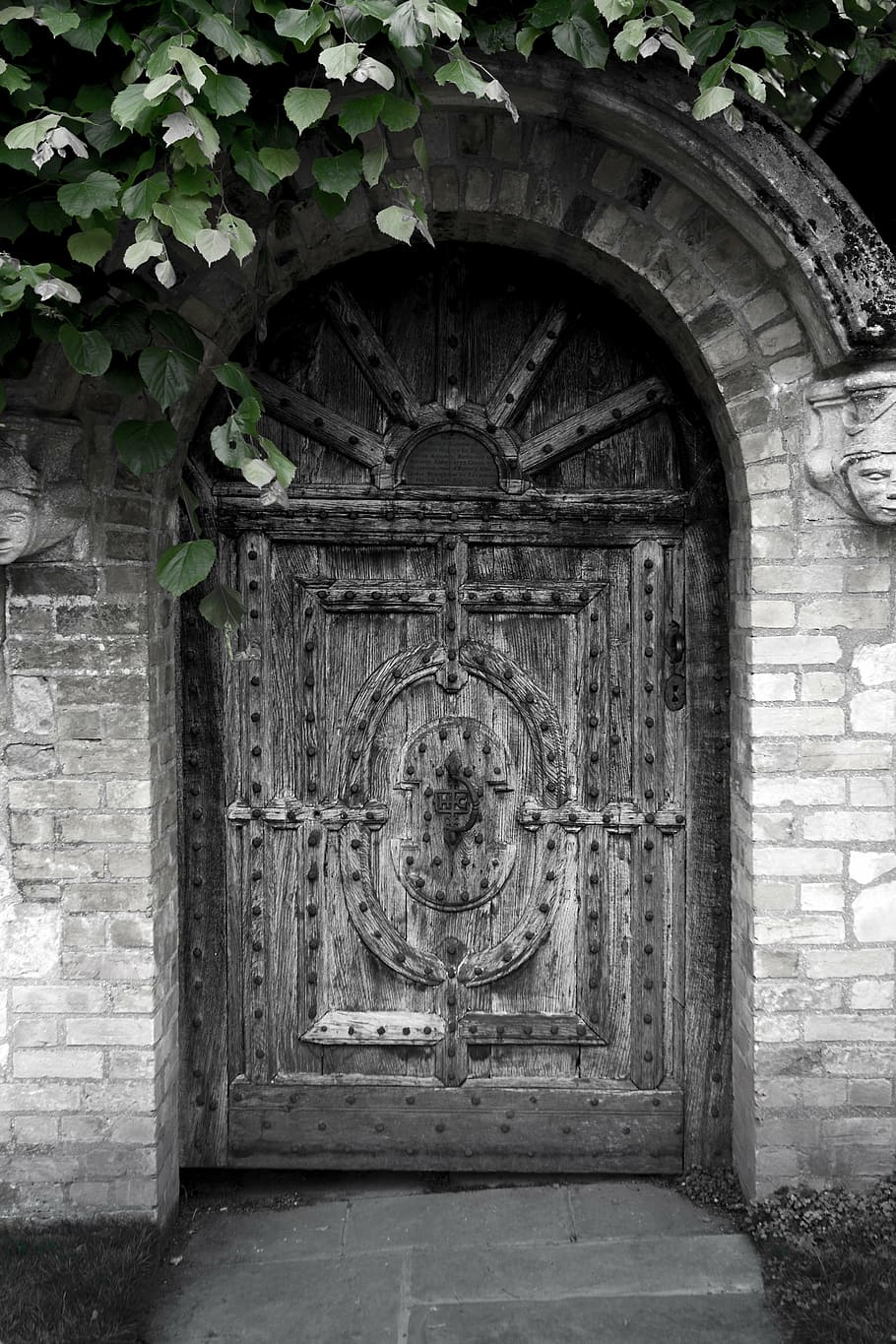 door, oak door, iron studs, surface texture, architecture, built structure, entrance, day, closed, old