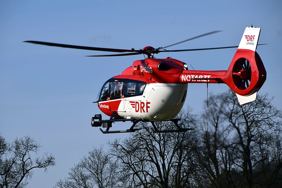 helicopter, air rescue, rescue helicopter, ambulance helicopter, red, red white, fly, sky, blue, rescue