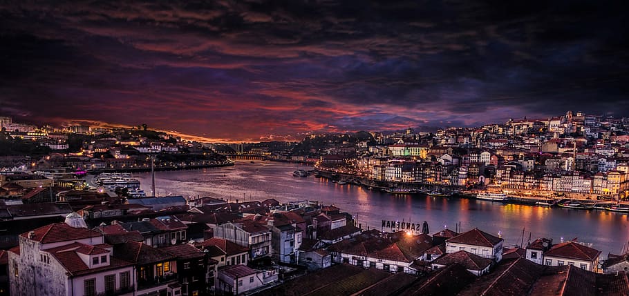 Alto, fotografía de ángulo, pueblos, cuerpo, agua, Porto, ciudad, Portugal, ciudad histórica, Río