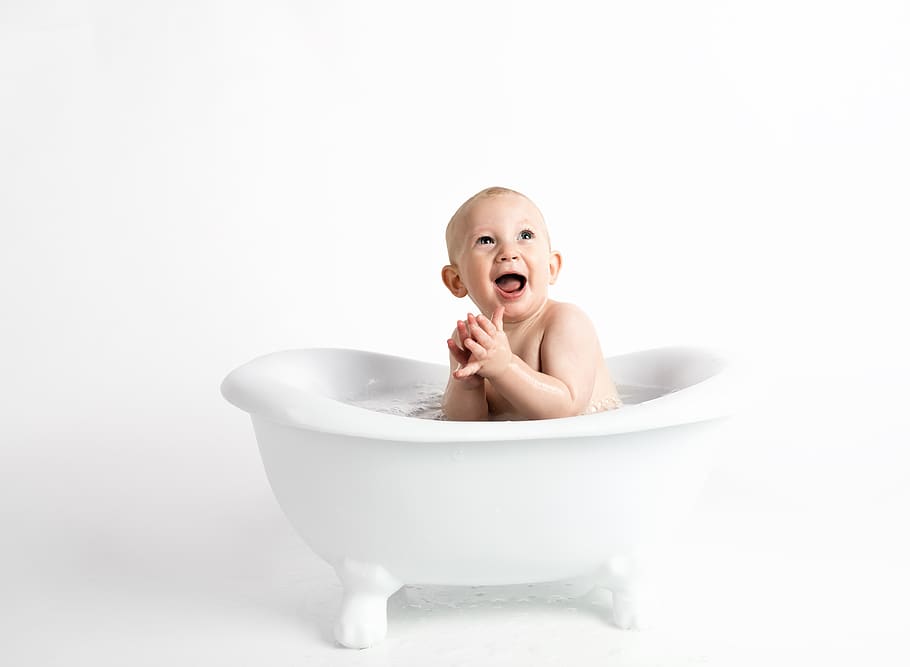 child, baby, minimalist, white background, cute, portrait, sitting, bath, happy, clapping