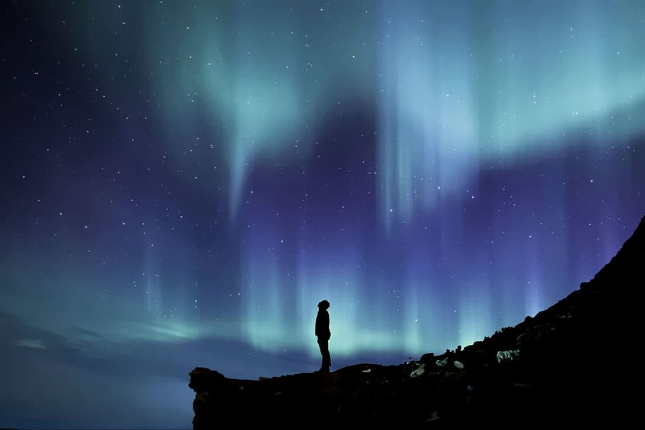 person, standing, mountain, viewing, Aurora, aurora borealis, northern lights, northern, borealis, sky