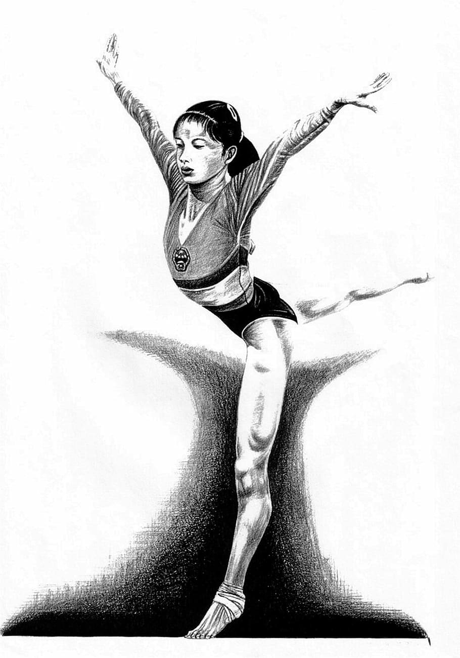 lápis de ginasta chinesa, desenho, Chinês, Ginasta, Desenho a lápis, athelete, ginasta chinesa, dançarina, menina, domínio público