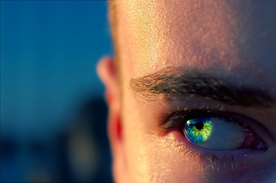 orang, biru, hijau, mata, makro, matahari, kuning, manusia, dekat, pandangan