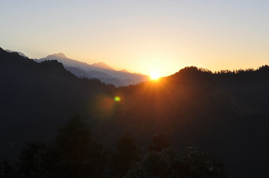 fotografia de silhueta, árvores, montanhas, silhueta, sol, nascer do sol, amanhecer, colinas, Poon Hill, Annapurna