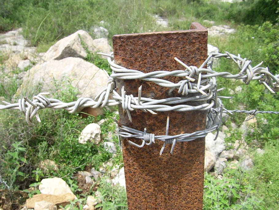 barbed, wire, galvanized, pole, rusty, metal, iron, security, protection, fence