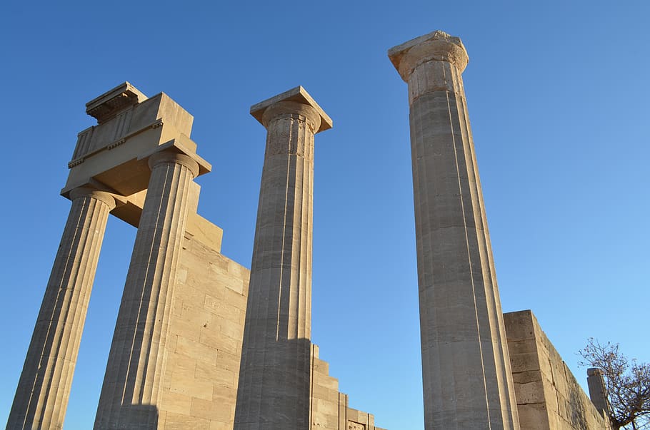greece, holidays, blue sky, finds, ancient greeks, columns, doric, temple, acropolis, rhodes