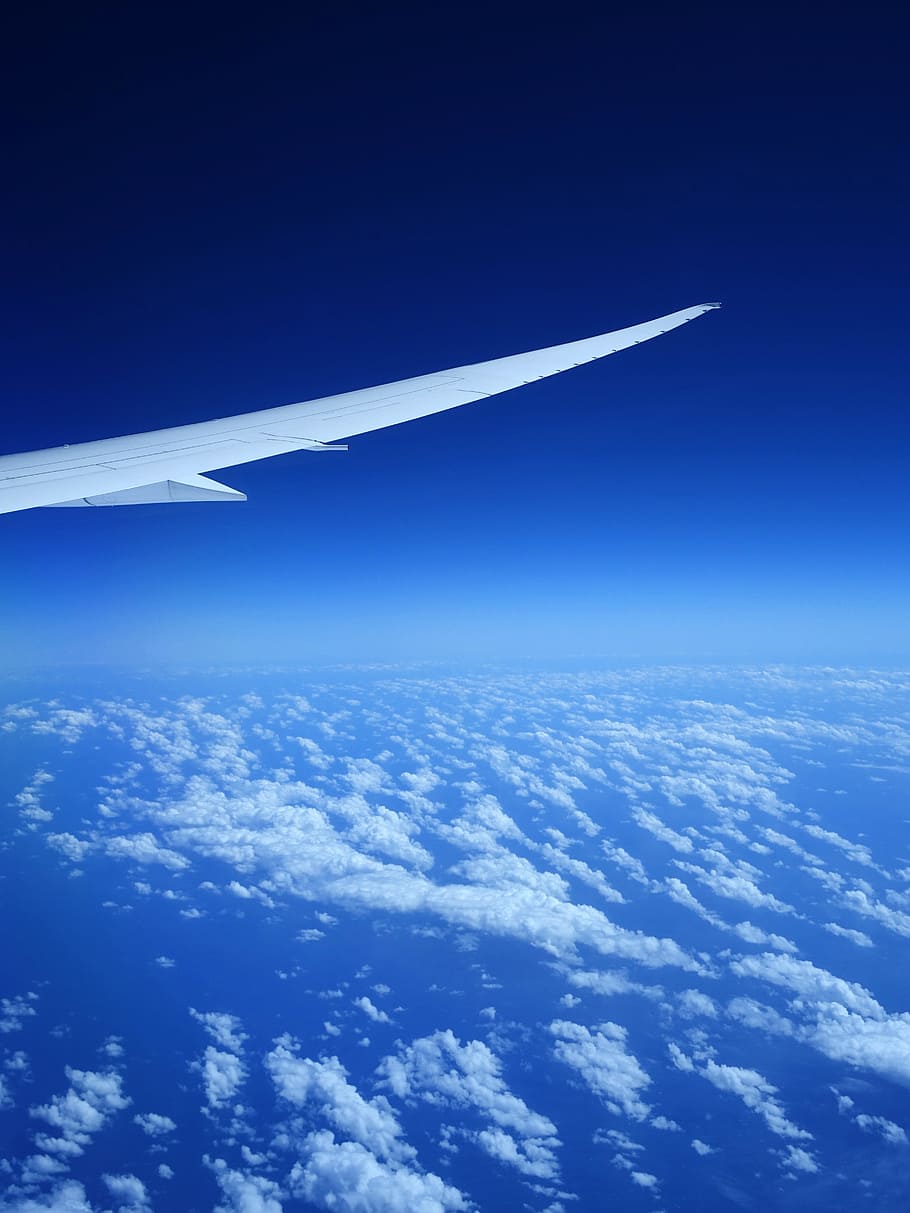 Avião, asa, céu azul, nuvem, voo, jato, branco, aeronaves, transporte, velocidade