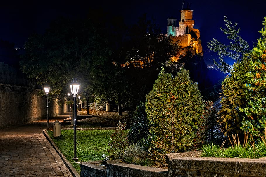 san marino, castle, architecture, fortress, middle ages, landmark, night, dark, lighting, away