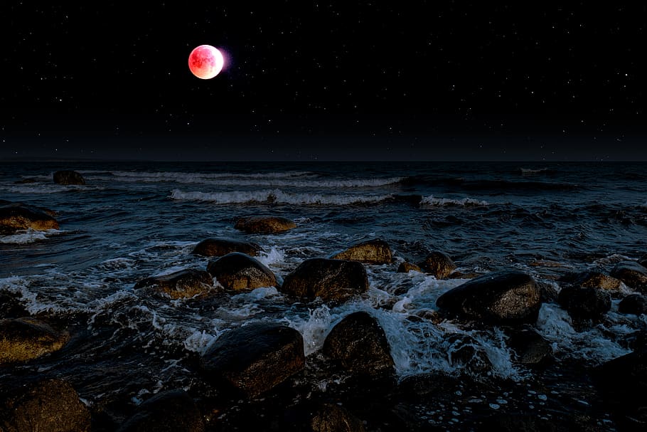 lunar eclipse, moon, blood moon, sky, starry sky, star, night, water, sea, wave
