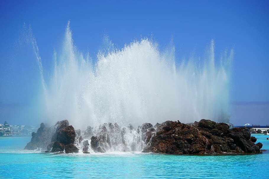 splash, water, brown, islet, daytime, fountain, inject, fountains, water feature, swimming pool