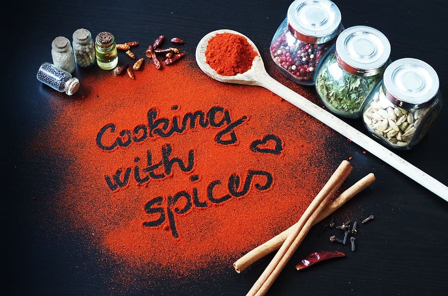 Paprika, Pepper, Cooking, the inscription, colorful spices, the smell of, colorful, cayenne pepper, red, indoors