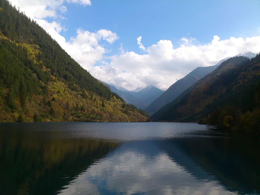 구채구, 쓰촨 성, 개암, 물, 산, 호수, 풍경-자연, 자연의 아름다움, 하늘, 조용한 장면