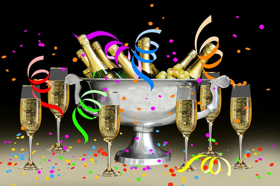 botellas de vino, estante, ilustración de lote de copa de champán, carnaval, fiesta, festival, celebración, cumpleaños, confeti, serpentina